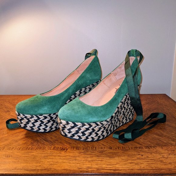 Free People Shoes - Free People Charade Espadrille Green Suede Retro Wedges Size 7 Boho Bohemian.